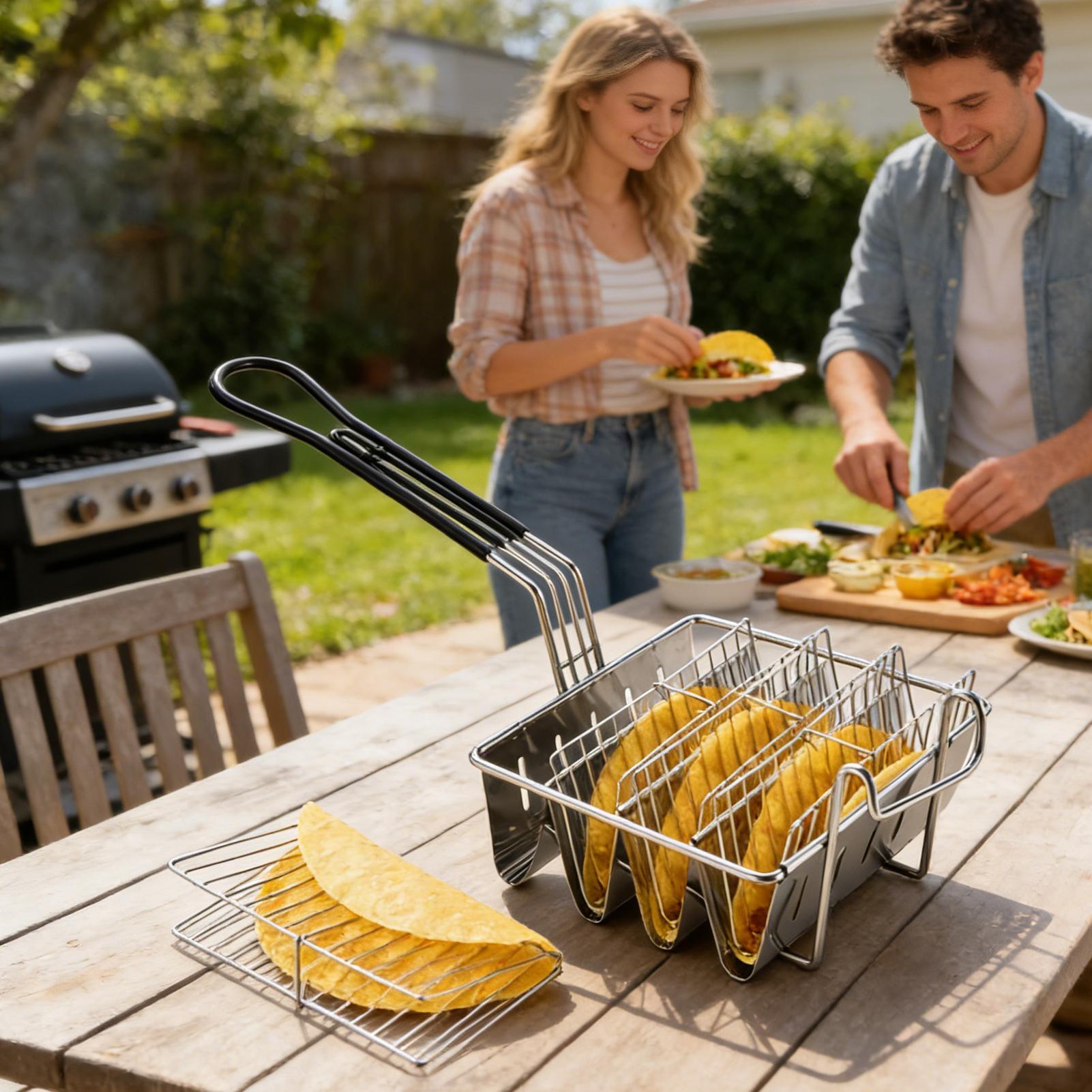 Home Cooking Restaurants - Taco-Frittierkorb für 4 Schalen, Edelstahl-Tortilla-Bratform, Taco-Frittierkorb
